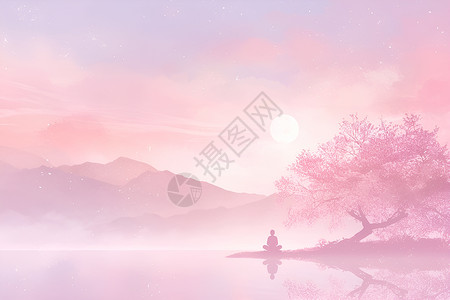 天空下的花粉色天空下冥想的人插画