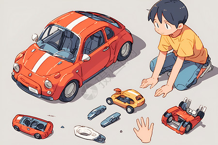 小车样机小男孩与玩具车插画