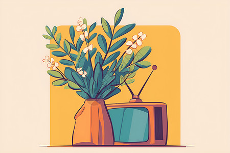 卡通花瓶植物花瓶后的电视机插画