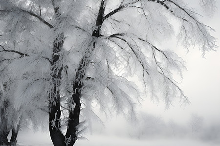 冬天雾凇一棵绝美的白桦树插画