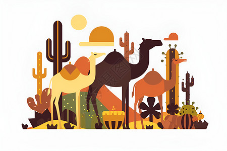 沙漠中的骆驼与仙人掌高清图片