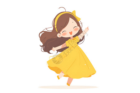黄漆舞动风中的黄裙少女插画