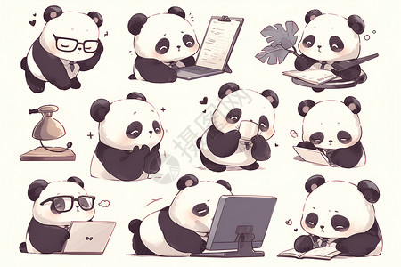 黑白插画中的可爱熊猫高清图片