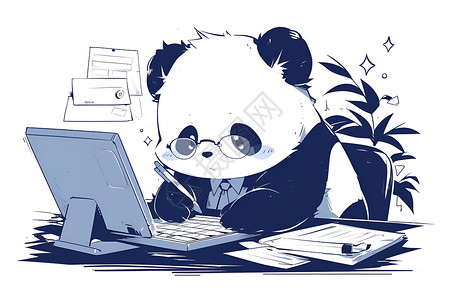 可爱熊猫在办公室使用电脑高清图片