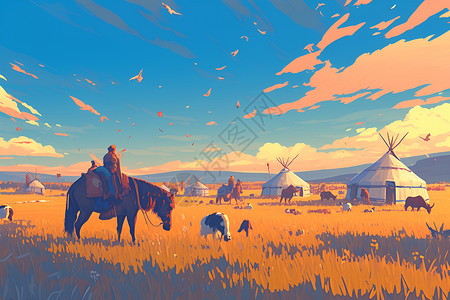 扎帐篷苍茫草原上的游牧生活插画