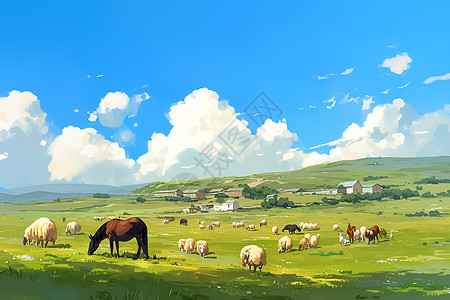 草原马群羊群和马群在吃草插画