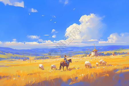 草原马群草原上羊群和马群插画