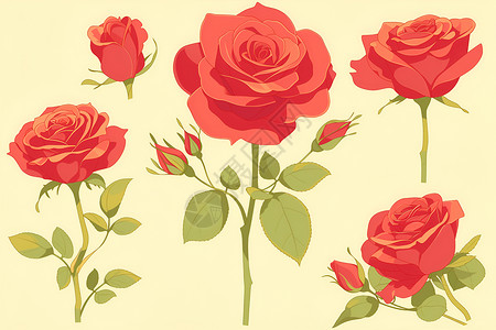 混合色玫瑰红色的玫瑰花插画