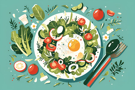 沙拉叶碗中的绿色蔬菜插画