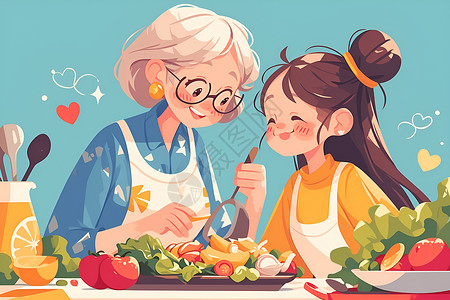 享受美食的婆孙俩插画