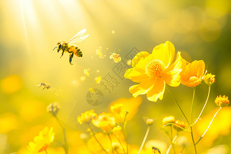 昆虫爬起来飞向黄花中的蜜蜂背景