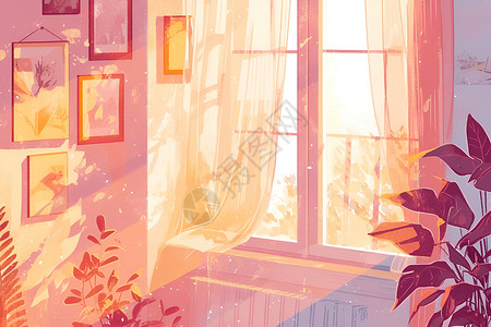 粉色窗帘海景窗帘下的水彩房间插画