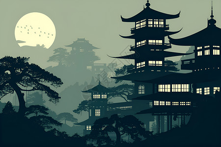 亚洲寺庙静谧夜景背景图片