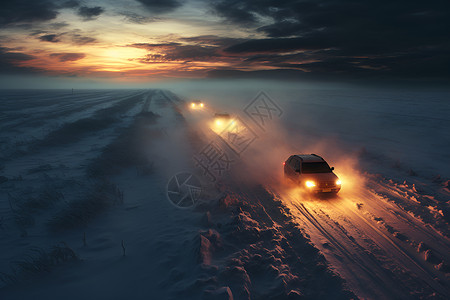 行驶在雪夜中的汽车高清图片