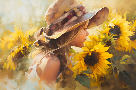 油画太阳花和少女背景图片