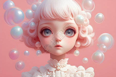 泡泡大作战浮动泡泡中的可爱洋娃娃插画