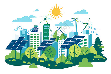 电力创意太阳能城市插画