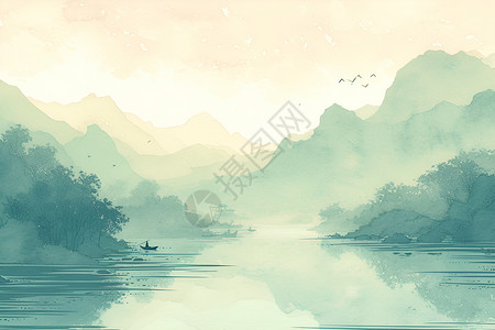 湖畔绿意静谧湖畔美景插画