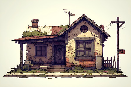 古建屋顶长满苔藓的破屋插画