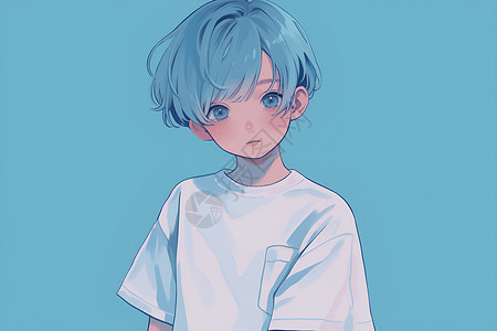 发顶蓝发少年立于蓝色背景前插画