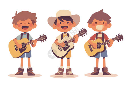 抱着吉他合唱的孩子插画