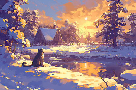猫咪坐在河边雪地上背景图片