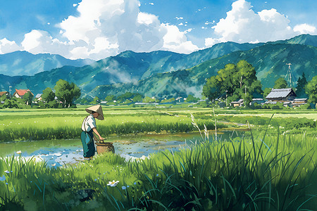 稻田里的农民插画