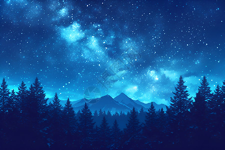 古树林夜晚星空下的山林插画