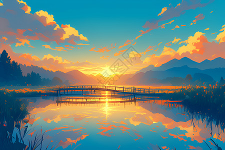 夕阳景湖泊的夕阳桥景插画
