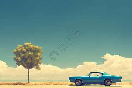 沙漠荒野停在荒野里的老爷车插画