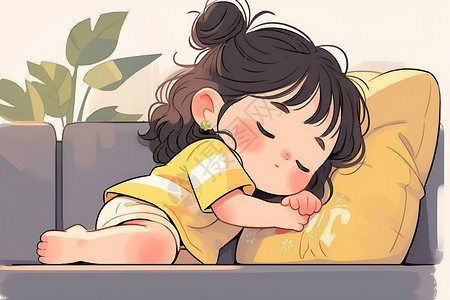 甜蜜背景小女孩在沙发上甜蜜地睡觉插画