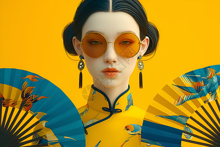 中式摄影中国文化元素的时尚摄影插画