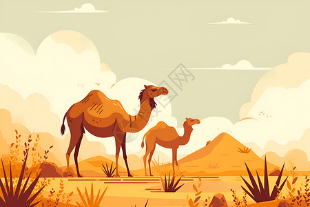 银川沙漠沙漠里的骆驼插画