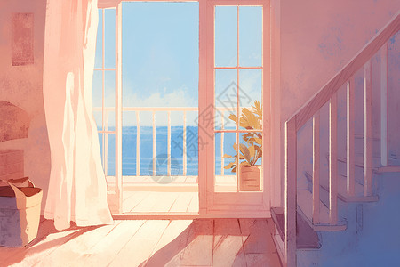 梦幻粉色楼梯梦幻般的粉色房间插画