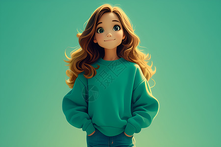 有毛衣的女孩绿色毛衣的小女孩双手插兜插画