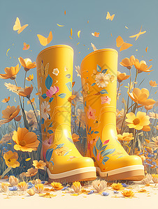 雨靴黄色雨靴和鲜花插画