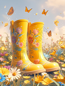 雨靴黄色花海中的雨靴插画
