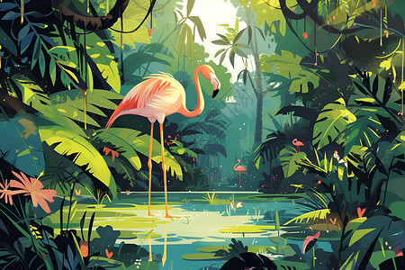 粉色森林热带丛林中的火烈鸟插画