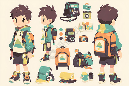 扛摄像机男孩背着背包的男孩插画插画