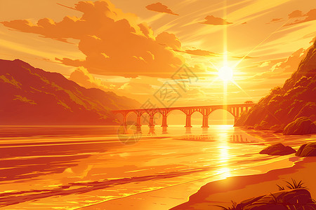 黄昏大桥夕阳时的桥梁建筑插画