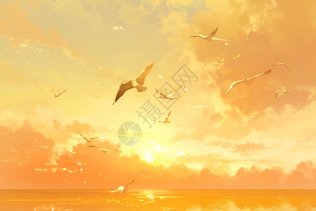 大波浪油画绘画的日出和海鸥插画