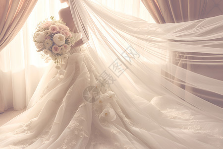 窗帘绳新娘洁白的婚纱插画