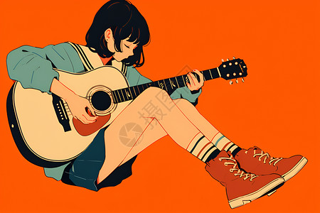 低头认错女孩低头弹吉他插画