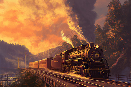 蒸汽牵引老式蒸汽火车插画