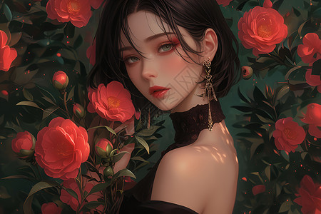 拿着玫瑰美丽的少女和花朵插画
