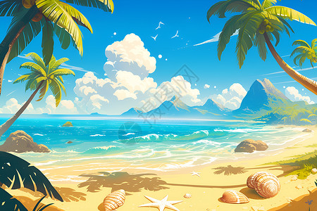 沙滩上篱笆金黄沙滩上的棕榈树插画