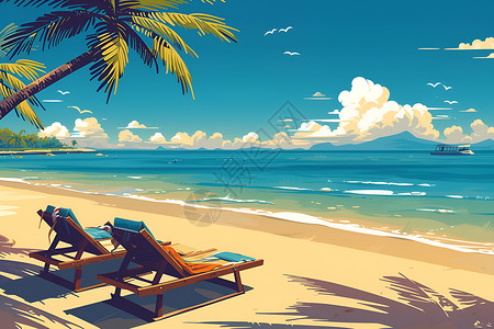 海洋海滩沙滩上的两把躺椅插画