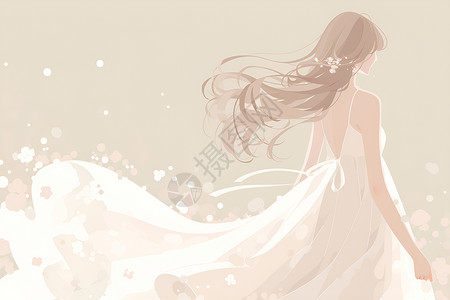人物姿态花海中的白裙少女插画