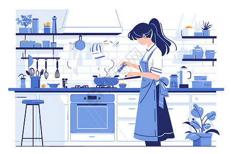 居家女性厨房牛排制作女人在厨房里做饭插画