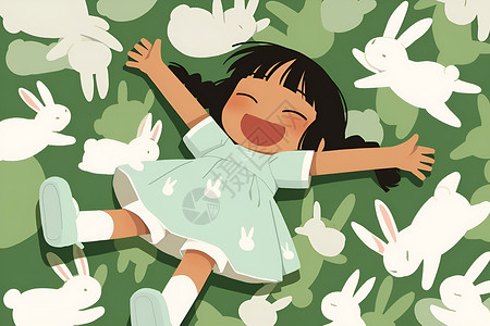 跳跃的小女孩小女孩与兔子共舞插画